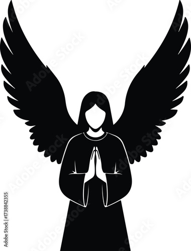 Vector silhouette angel praying with large wings illustration
