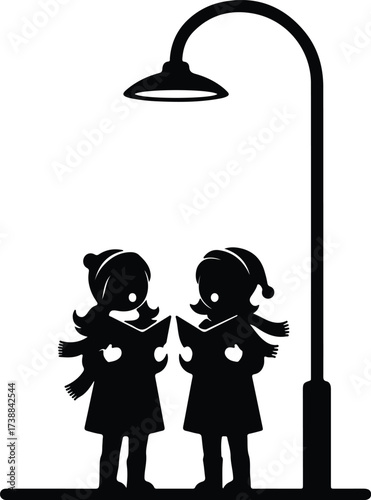 Vector silhouette carolers singing christmas carols under streetlight illustration