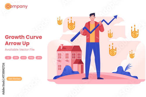 Man holding upward growth chart with coins falling near a house