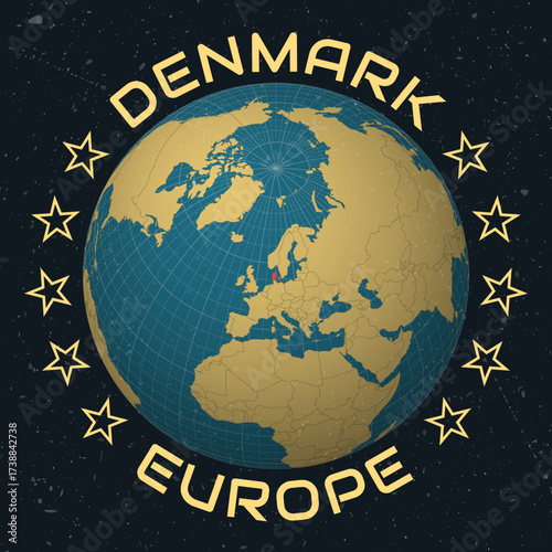 Denmark on Globe. Country name round text. Vintage look with grunge scratched texture. Country view on world map in Sky Blue Light Yellow color palette. Denmark shape on map.