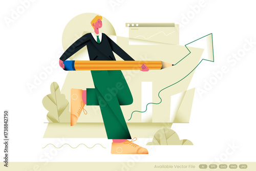 Man holds pencil creating an upward trending arrow