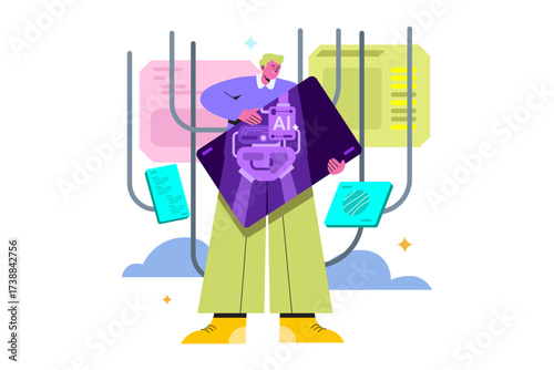 Man holds tablet with AI graphic data screens and servers behind