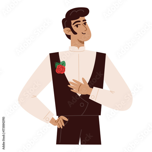 Man in formal attire with a red rose boutonnière