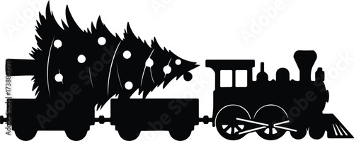 Vector silhouette Christmas train carrying a decorated tree illustration