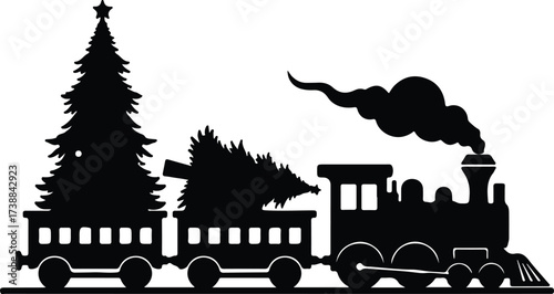 Vector silhouette Christmas train carrying trees holiday illustration