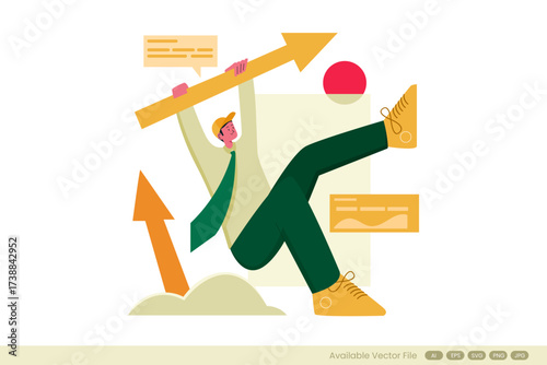Man in green pants holding a yellow arrow up