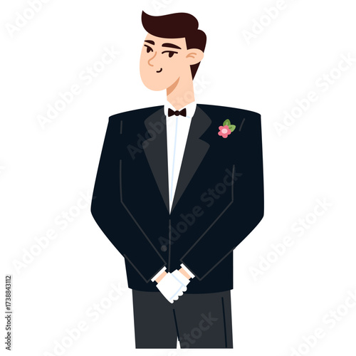 Man in tuxedo with boutonnière and white gloves hands clasped