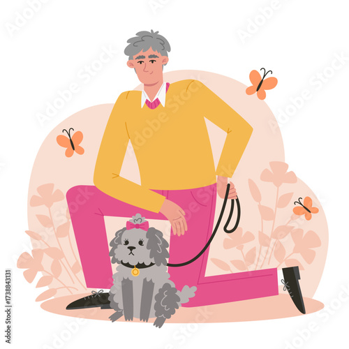 Man kneeling with a small fluffy dog and butterflies
