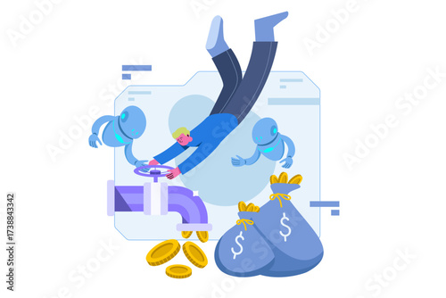 Man and robots with money bags and coins next to a valve