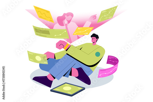 Man and woman with financial charts and money