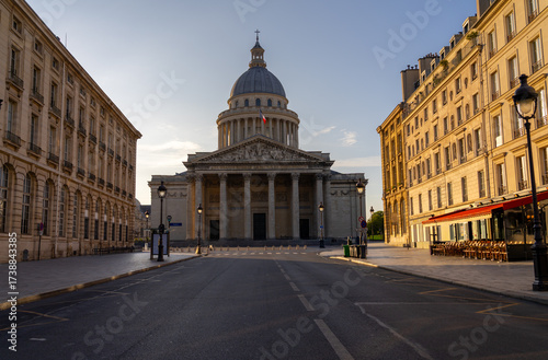 The Pantheon in Paris at sunrise with empty streets.