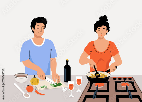 Man cuts vegetables while woman cooks in a pan