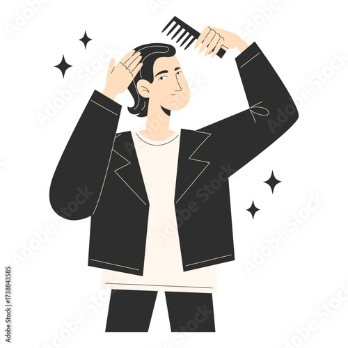 Man combing hair wearing jacket and tshirt