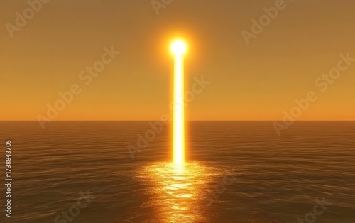 Radiant beam rising from golden sea surface against sunset sky