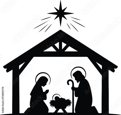 Vector silhouette nativity scene with Mary Joseph and baby Jesus illustration