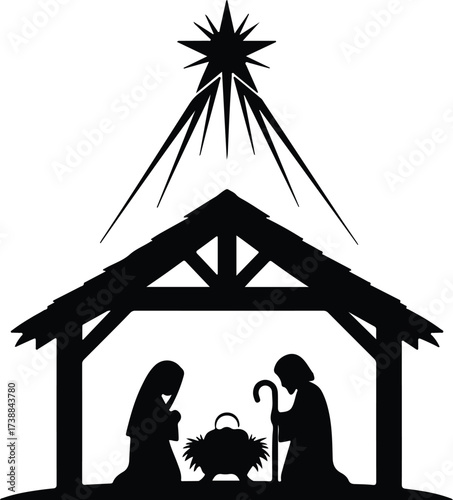 Vector silhouette nativity scene with Mary Joseph and baby Jesus illustration