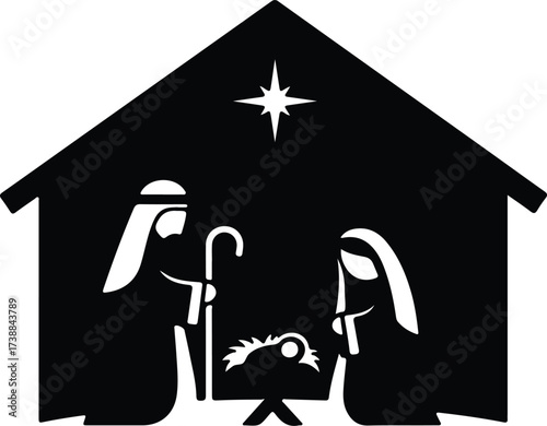 Vector silhouette nativity scene with Joseph Mary and baby Jesus illustration