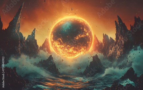 Dramatic Planet Rise over Craggy Coastline and Turbulent Seas in a Fiery Sky
