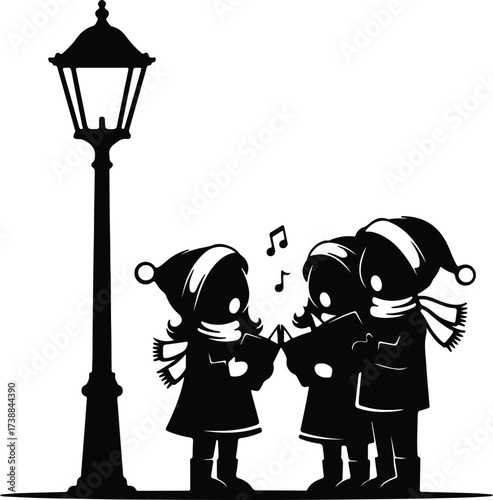 Vector silhouette of Christmas carolers singing near a lamppost illustration