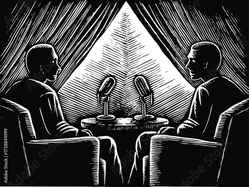 Engaging podcast interview with retro microphones, two professionals discussing business strategy, black and white illustration for a modern blog or article