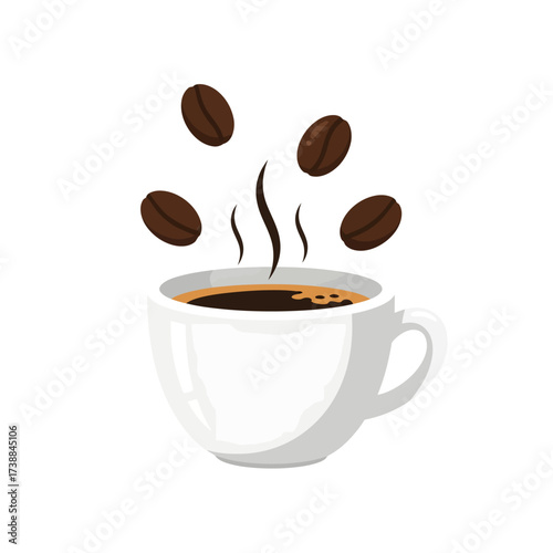 Aromatic Coffee Beans Falling into a Steaming Cup.