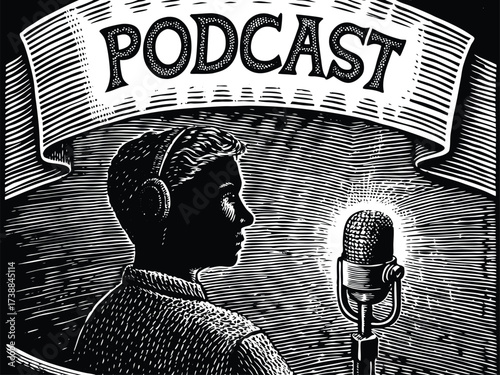 Engaging podcast art featuring a focused host speaking into a classic microphone, perfect for promoting your audio content and drawing in listeners