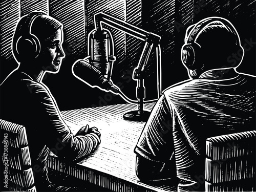 Engaging podcast conversation with host and guest using studio microphone, illustrating insightful discussion in modern audio environment, vector style art