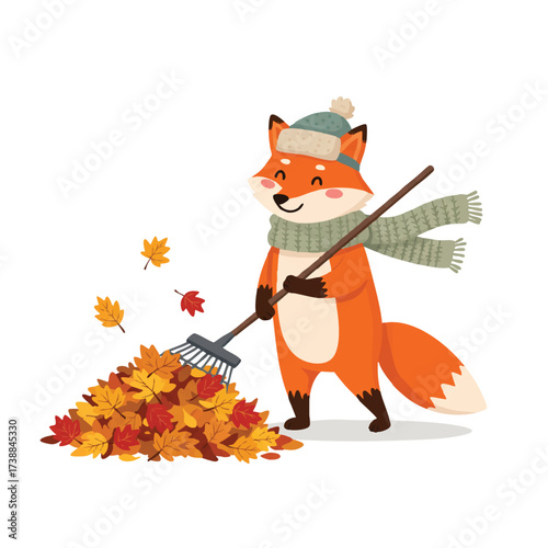 A cute fox in a cozy knitted scarf and warm winter hat joyfully rakes a vibrant pile of golden and red autumn leaves in a playful 2D flat vector illustration.