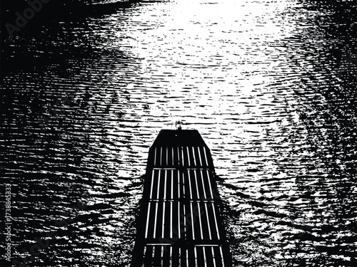 Moody waterscape featuring a wooden pier stretching into shimmering water, offering a serene and contemplative scene, perfect for artistic and creative projects
