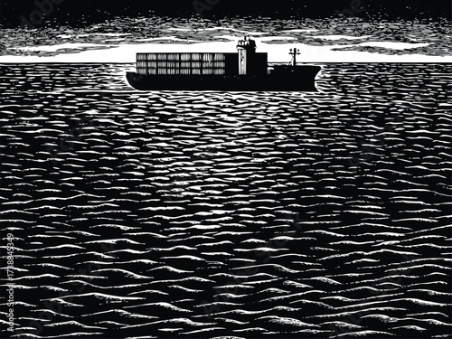 Dramatic monochrome cargo ship sailing on rippled ocean waves, conveying global trade, vector origin, stark contrast, maritime transport, and powerful freight