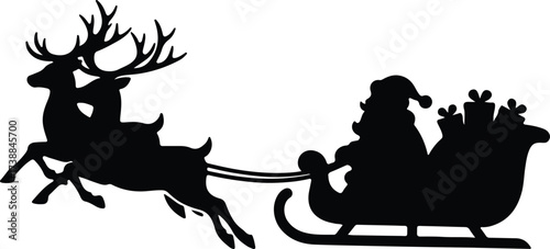 Vector silhouette Santa Claus sleigh pulled by reindeer illustration