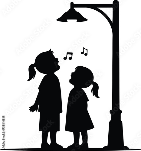 Vector silhouette two girls singing under a street lamp illustration
