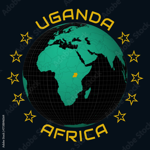 Uganda on Globe. Round country and continent name text. Country view on world map in Black Emerald color palette. Uganda shape on map. Trending vector illustration.