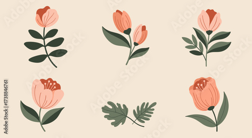 A collection of delicate peach colored flowers with green leaves on a soft beige background.