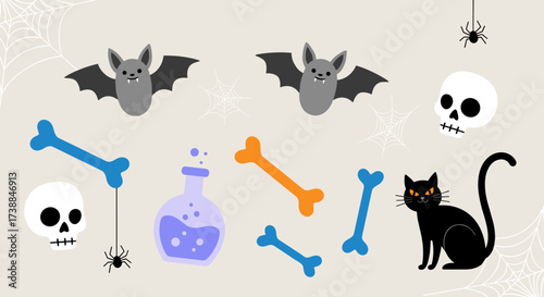 Halloween themed cartoon collection with bats bones and skulls.