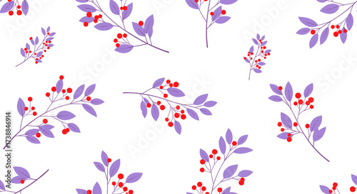 A delicate pattern of purple leaves and red berries adorning a white background.