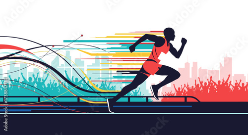 Dynamic illustration of a runner in motion with colorful abstract lines and city silhouette in the background.