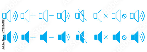 Volume and sound level icon set, speaker audio symbols, sound wave increasing, loudspeaker vector illustration, media control icons, sound adjustment graphics, black and white minimal design