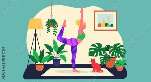 A woman practicing yoga in her brightly decorated living room with plants and a cat.