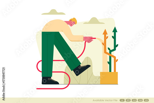 Man watering growing arrow plants