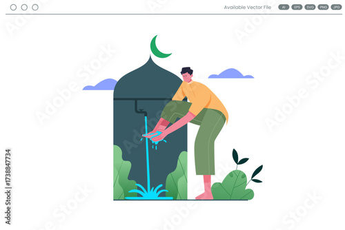 Man washing hands at a mosque fountain with plants