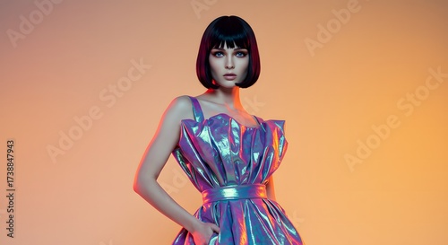 Futuristic Fashion Portrait of Woman in Holographic Dress