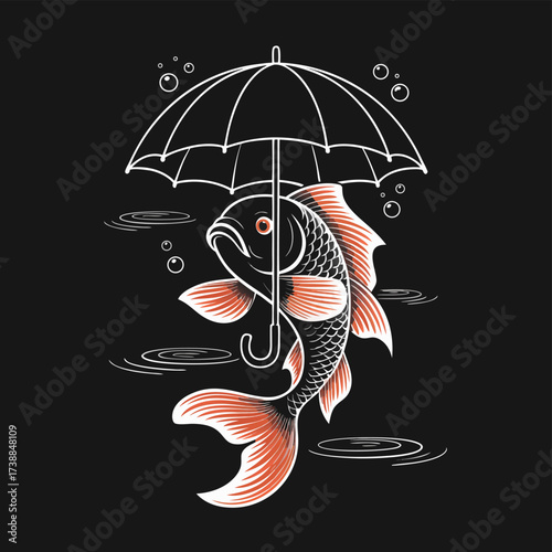 Artistic illustration of a koi fish gracefully swimming under an umbrella, creating a surreal and captivating scene with contrasting elements against a dark background
