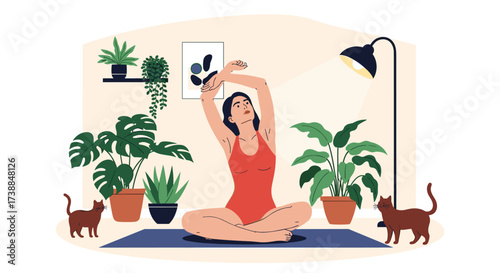 A woman practices yoga and stretching at home surrounded by plants and cats.