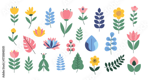 A delightful collection of whimsical floral and leaf illustrations for creative design projects.