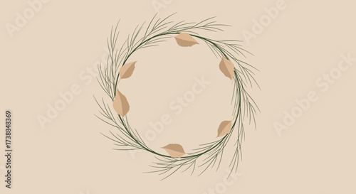 A minimalist circular arrangement of delicate green foliage with scattered light brown leaves creating a rustic border on a neutral background.