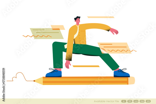 Man on a pencil surrounded by floating papers and lines