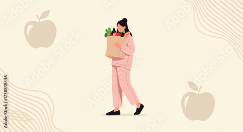 A person walks with a bag of groceries representing a healthy lifestyle.