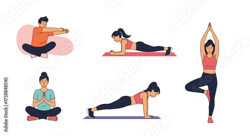 Illustrations of people performing various yoga and fitness exercises in a modern flat style.