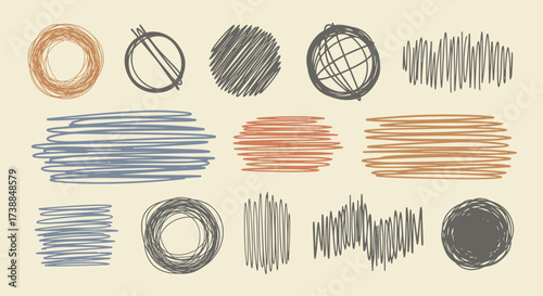 A collection of hand drawn sketchy circles and lines in various patterns and styles.